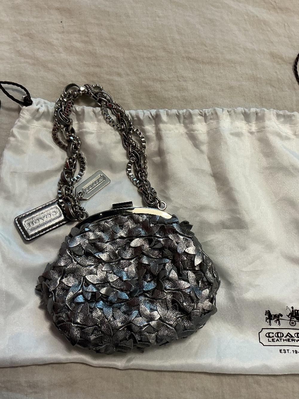 RARE COACH POPPY METALLIC SILVER LEATHER PARTY 3-D FLOWER PETAL FRAME BAG